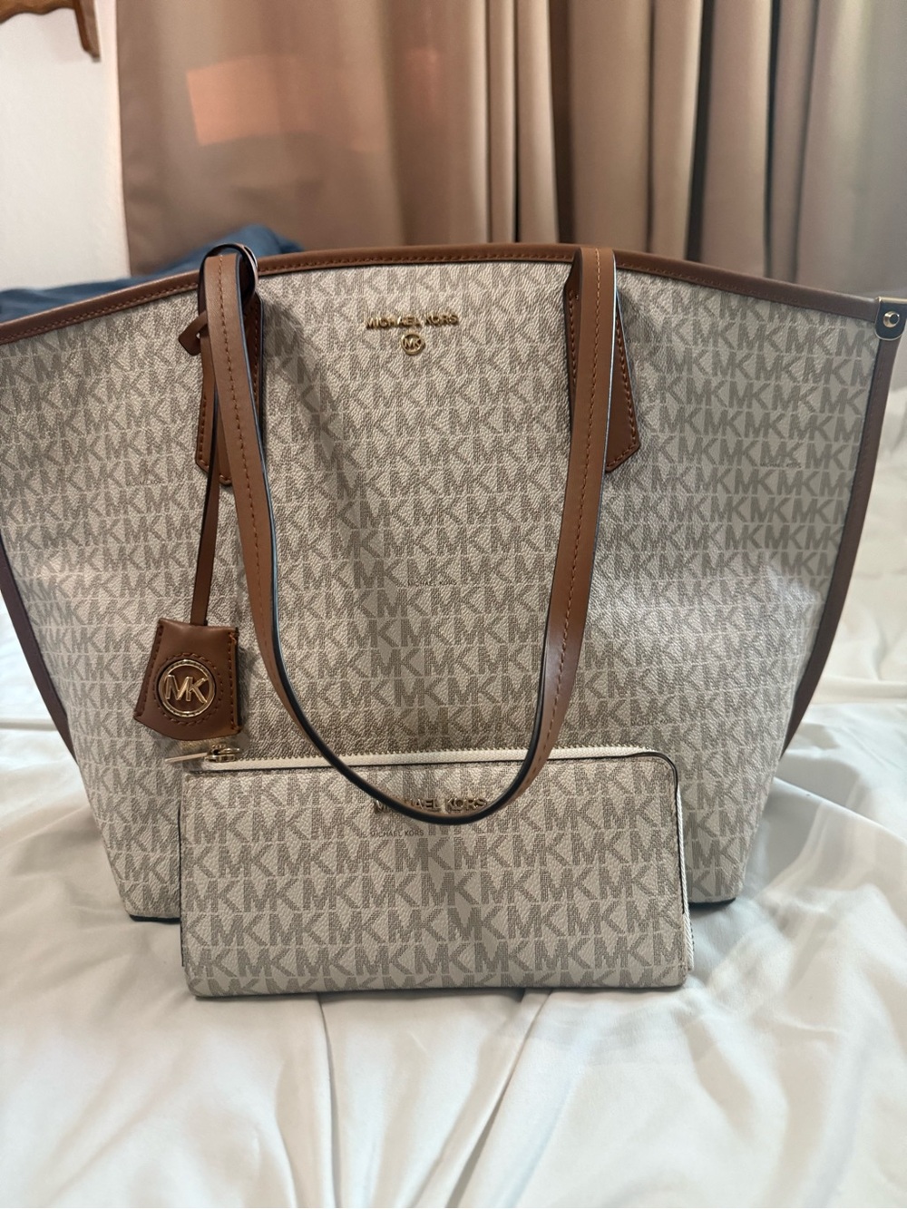 Michael Kors Cream Tote with Brown Trim and Matching Wallet